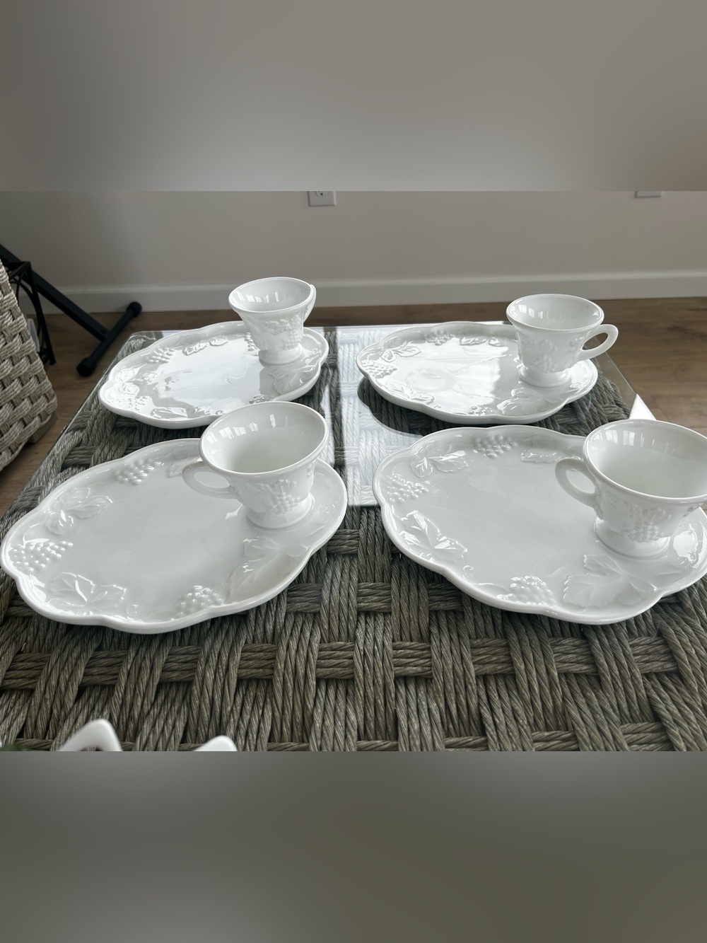 Indiana Harvest Grape Milk Glass Luncheon Snack PlateTea Cup set Charcuterie